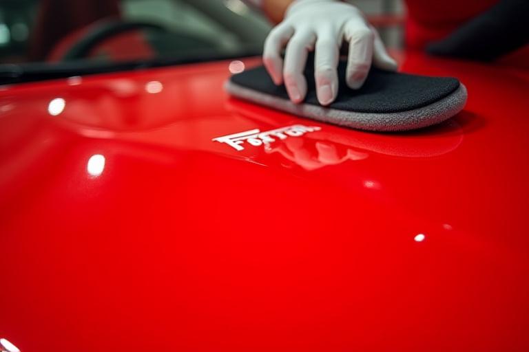 Applicazione rivestimento ceramico sul cofano auto Ferrari rossa